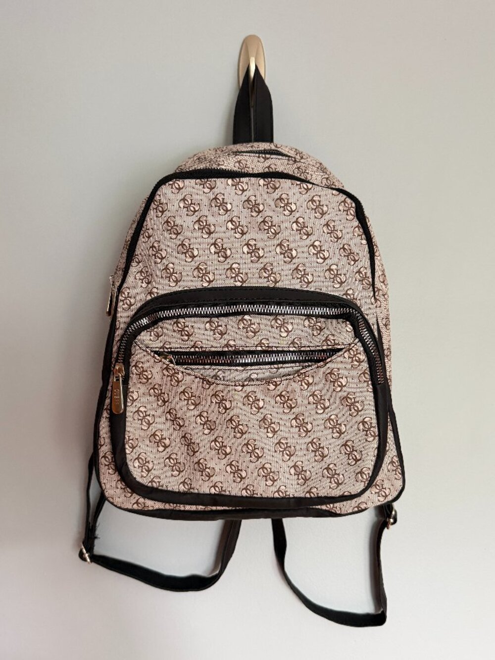GUESS Quattro G Monogram Canvas Mini Backpack Beige and Brown